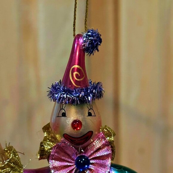 Clown Jester Blown Glass Christmas Ornament Painted Pink Green 6 Inches - Picture 2 of 7